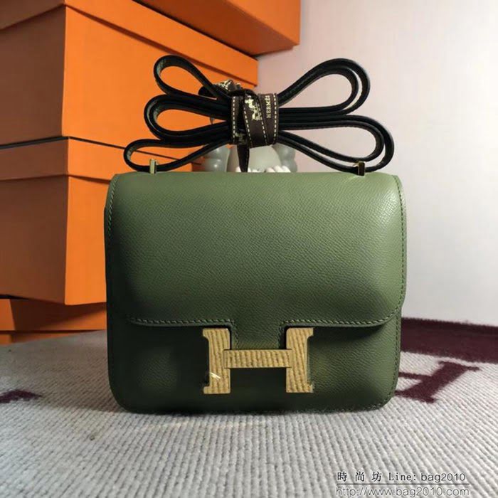 HERMES愛馬仕 空姐包 constance 叢林綠 EPSOM 18cm 金扣 蠟線縫製 單肩斜挎包  Ama1501